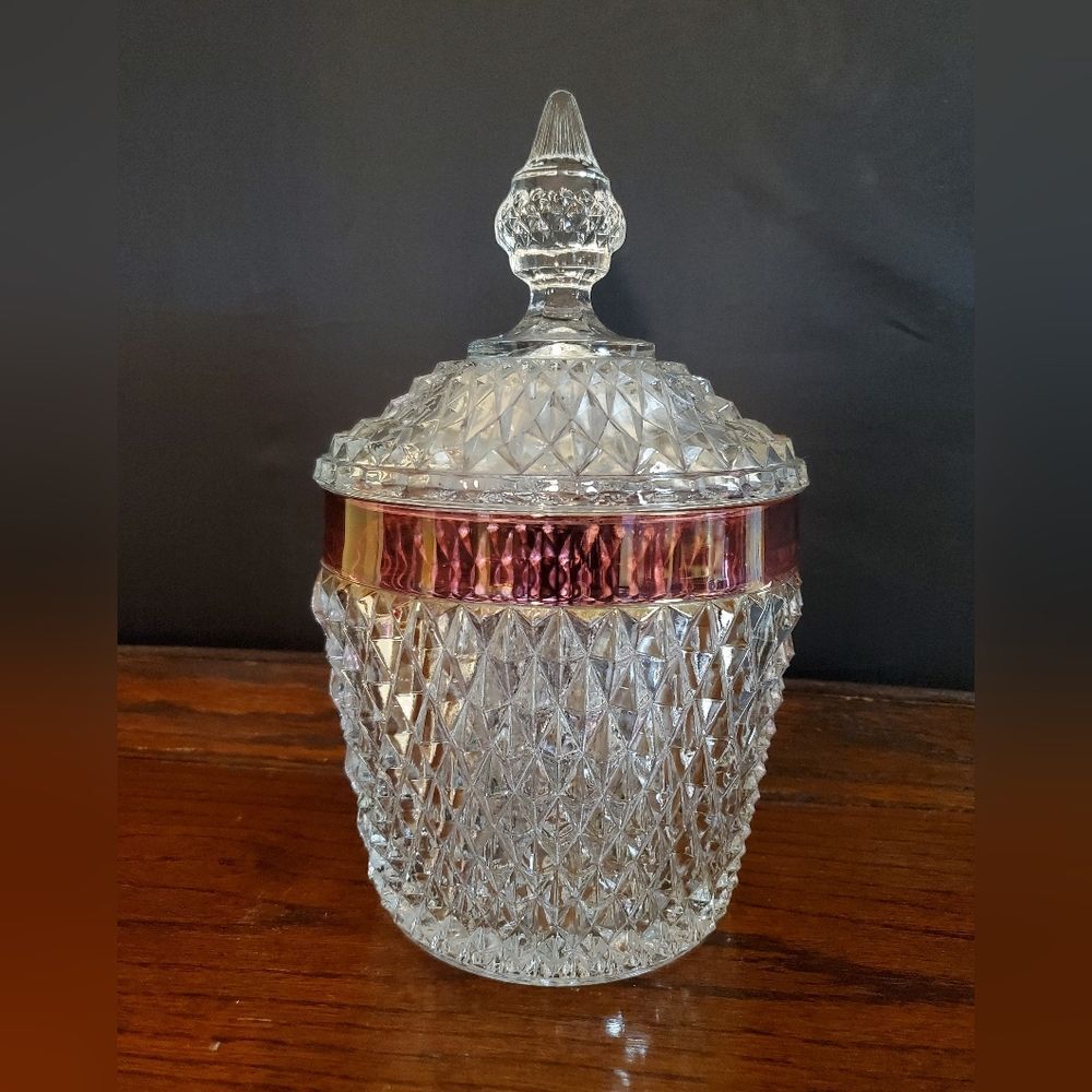 Vintage Diamond Point Clear with Ruby Rim Band Ice Bucket Indiana Glass